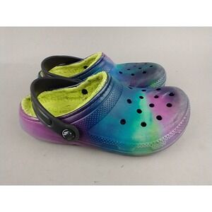 Crocs Kids Classic Lined Clog Galaxy Tie Dye Neon Lime Green Fleece Size J2